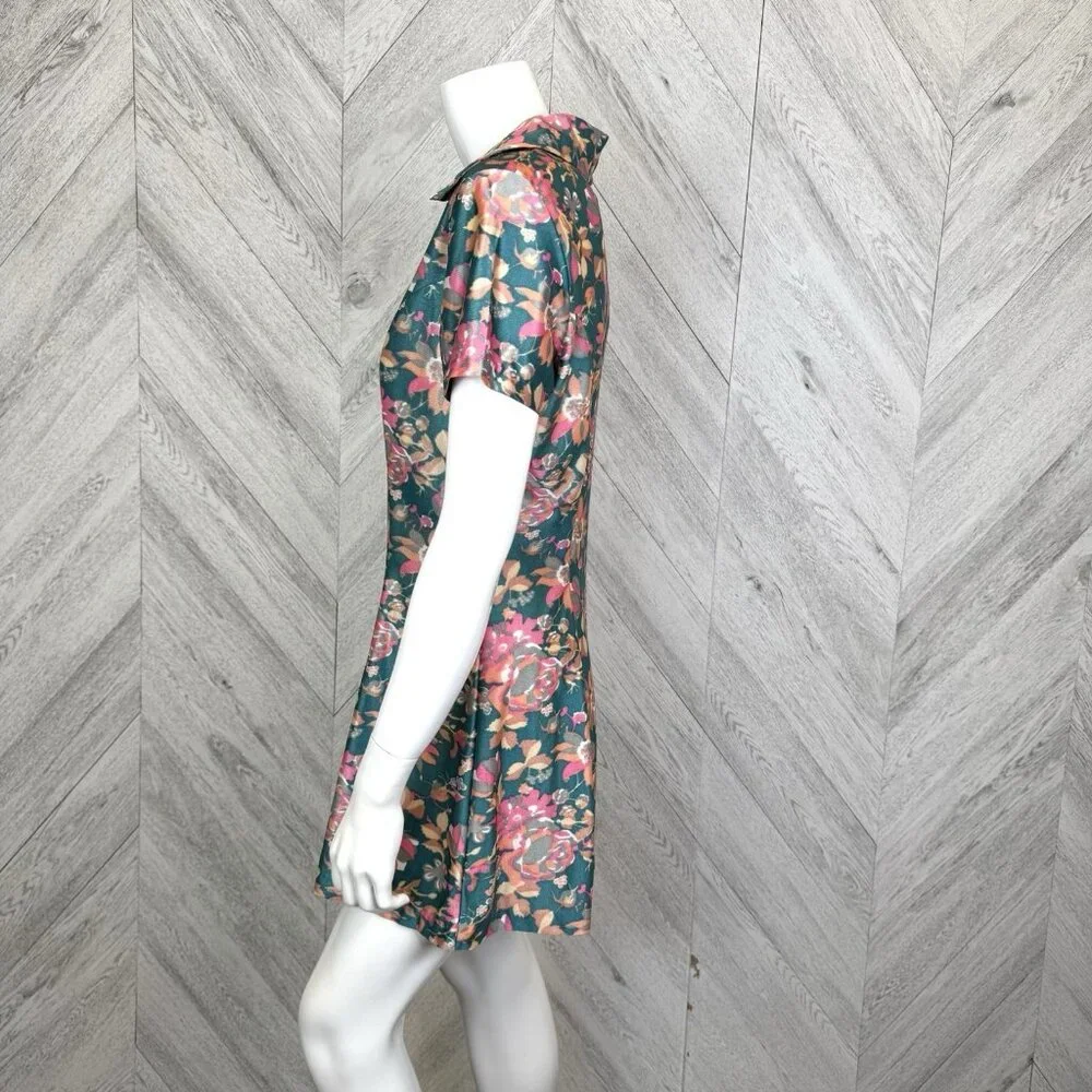 Vintage 70s Dress Womens S/M Floral Mini Short Sleeve V-Neck Collar Retro - Picture 3 of 5